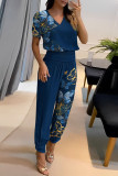 Earth Yellow Casual Print Patchwork V Neck Short Sleeve Two Pieces