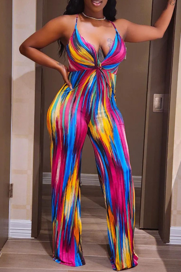 Blue Purple Sexy Casual Daily Simplicity Mixed Printing Printing Contrast Spaghetti Strap Skinny Jumpsuits