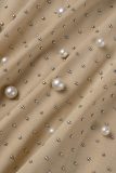 Apricot Sexy Patchwork Beading Half A Turtleneck Wrapped Skirt Dresses