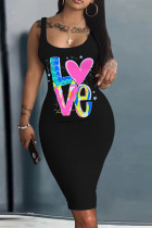 Black Pink Casual Print Basic U Neck Vest Dress Dresses