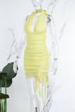 Yellow Sexy Solid Backless Fold Halter Sleeveless Dress Dresses