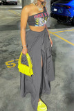 Grey Street Solid Patchwork Pocket High Opening Loose High Waist Type A Solid Color Bottoms