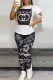 Black Sportswear Print Letter O Neck Short Sleeve Two Pieces