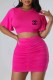 Rose Red Casual Print Fold Letter O Neck Short Sleeve Two Pieces