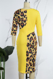 Yellow Elegant Leopard Hollowed Out Slit O Neck Wrapped Skirt Dresses