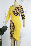 Yellow Elegant Leopard Hollowed Out Slit O Neck Wrapped Skirt Dresses