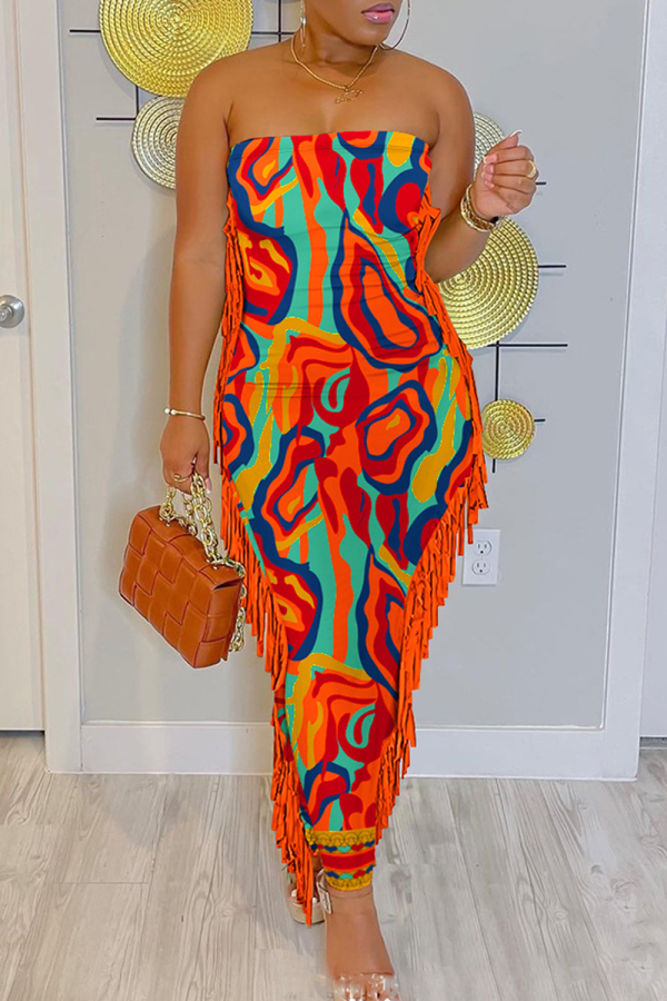 Tangerine Red Casual Print Tassel Patchwork Strapless Wrapped Skirt Dresses