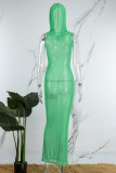Blue Sexy Solid See-through Hooded Collar Long Dress Dresses
