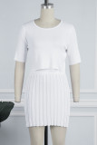 Yellow Casual Solid Patchwork Pleated O Neck Short Sleeve Two Pieces