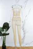 Khaki Sexy Solid Hollowed Out Patchwork See-through Strapless Sleeveless Two Pieces