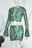 Green Sexy Print Hollowed Out Patchwork O Neck Long Sleeve Two Pieces