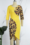 Yellow Elegant Leopard Hollowed Out Slit O Neck Wrapped Skirt Dresses