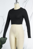Black Casual Solid Basic O Neck Tops