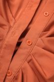 Orange Casual Solid Slit Turndown Collar Shirt Dress Dresses