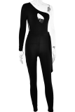 Black Sexy Solid Hollowed Out Patchwork Frenulum Oblique Collar Skinny Jumpsuits