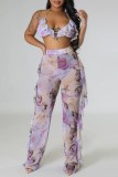 Purple Sexy Print Bandage Patchwork See-through Backless Swimsuit Three Piece Set