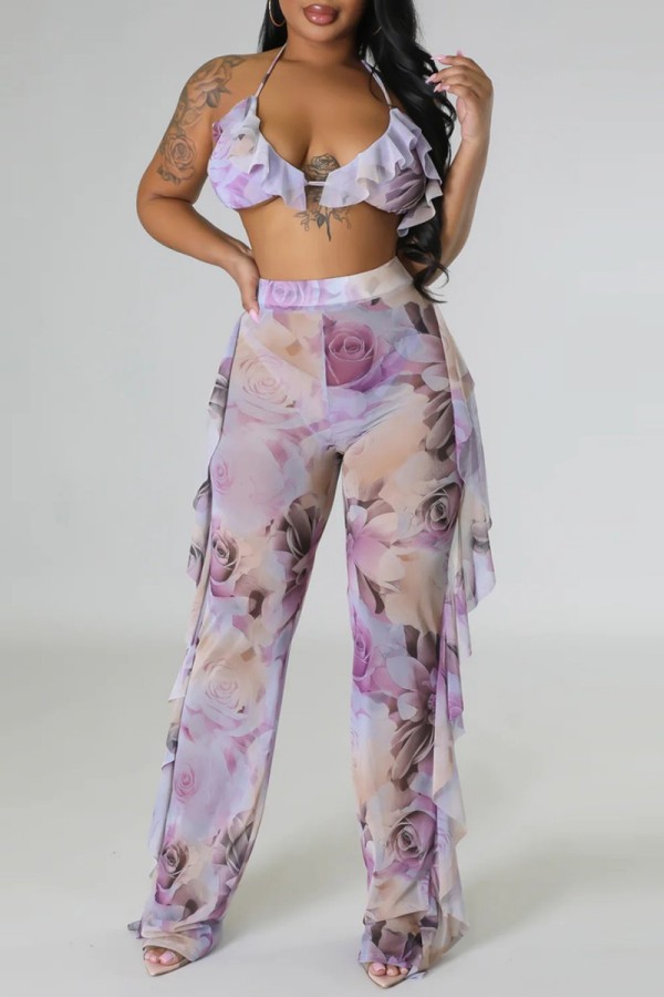 Purple Sexy Print Bandage Patchwork See-through Backless Swimsuit Three Piece Set