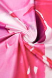 Pink Elegant Print Frenulum Backless Spaghetti Strap One Step Skirt Dresses
