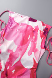 Pink Elegant Print Frenulum Backless Spaghetti Strap One Step Skirt Dresses