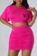 Rose Red Casual Print Fold Letter O Neck Short Sleeve Two Pieces