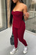 Burgundy Sexy Casual Solid Backless Slit Strapless Sleeveless Two Pieces