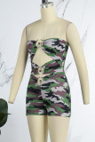 Camouflage Street Camouflage Print Hollowed Out Patchwork Metal Accessories Decoration Backless Strapless Skinny Rompers