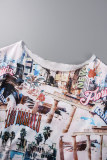 Multicolor Street Print Patchwork O Neck Short Sleeve Two Pieces