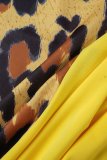 Yellow Elegant Leopard Hollowed Out Slit O Neck Wrapped Skirt Dresses