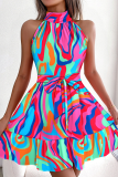 Colour Sweet Print Patchwork Frenulum Flounce Half A Turtleneck Waist Skirt Dresses
