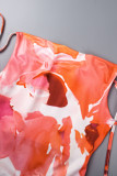 Pink Elegant Print Frenulum Backless Spaghetti Strap One Step Skirt Dresses