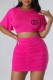 Rose Red Casual Print Fold Letter O Neck Short Sleeve Two Pieces