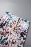Multicolor Street Print Patchwork O Neck Short Sleeve Two Pieces