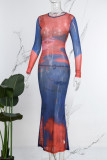 Red Blue Casual Print Basic O Neck Long Sleeve Dresses
