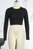 Black Casual Solid Basic O Neck Tops