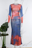 Red Blue Casual Print Basic O Neck Long Sleeve Dresses