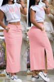 Pink Casual Letter Patchwork Slit O Neck Short Sleeve Two Pieces