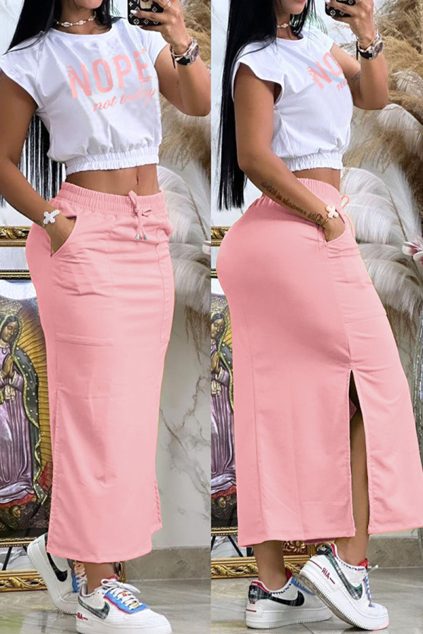 Pink Casual Letter Patchwork Slit O Neck Short Sleeve Two Pieces
