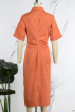 Orange Casual Solid Slit Turndown Collar Shirt Dress Dresses