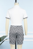 White Casual Print Patchwork Turndown Collar Short Sleeve Two Pieces