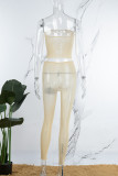 Khaki Sexy Solid Hollowed Out Patchwork See-through Strapless Sleeveless Two Pieces