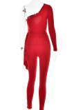 Red Sexy Solid Hollowed Out Patchwork Frenulum Oblique Collar Skinny Jumpsuits