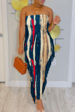Rose Red Casual Print Tassel Patchwork Strapless Wrapped Skirt Dresses