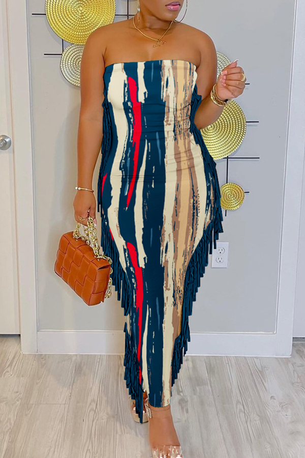 Tibetan Blue Casual Print Tassel Patchwork Strapless Wrapped Skirt Dresses