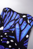 Blue Sexy Print Patchwork Backless Strapless One Step Skirt Dresses
