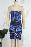 Blue Sexy Print Patchwork Backless Strapless One Step Skirt Dresses