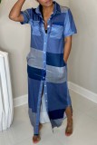 Blue Casual Print Patchwork Shirt Collar Long Dress Dresses