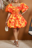 Red Casual Print Backless Fold Strap Design U Neck A Line Dresses