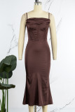Brown Sexy Casual Solid Backless Square Collar Sling Dress Dresses