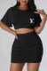 Black Casual Print Fold Letter O Neck Short Sleeve Two Pieces