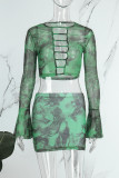 Green Sexy Print Hollowed Out Patchwork O Neck Long Sleeve Two Pieces
